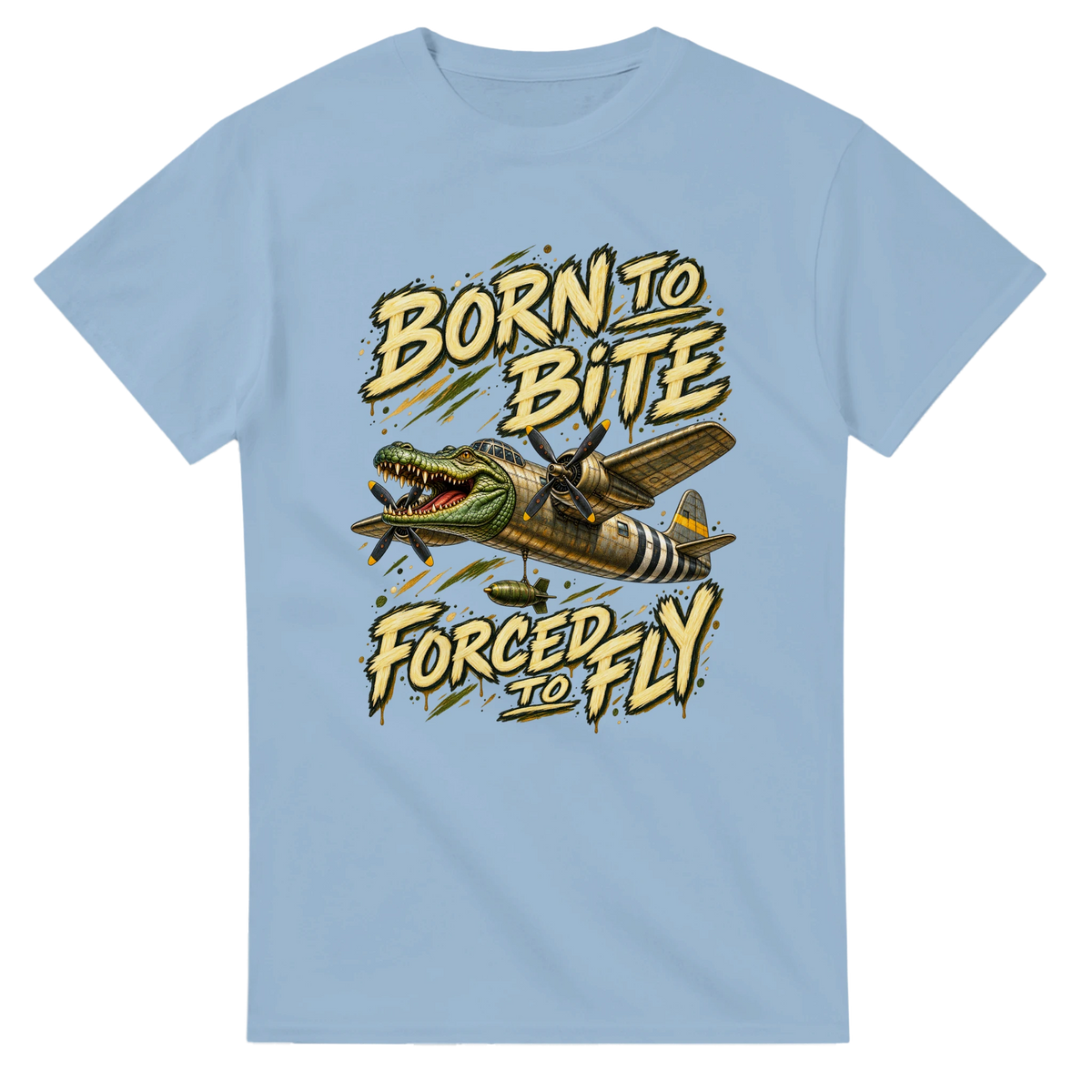 Light Blue t-shirt printed with Bombardino Crocodilo and the words Born to bite, forced to fly, front view