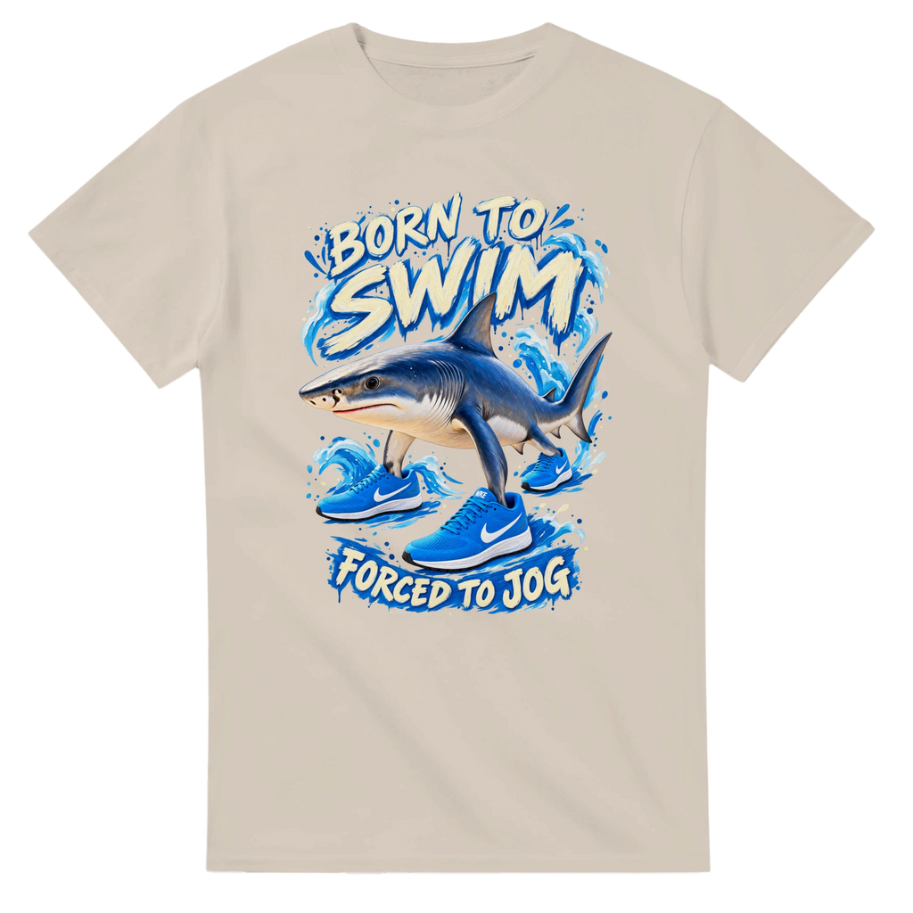 Sand t-shirt printed with Tralalero Tralala and the words Born to swim, forced to jog, front view