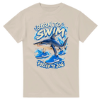 Sand t-shirt printed with Tralalero Tralala and the words Born to swim, forced to jog, front view