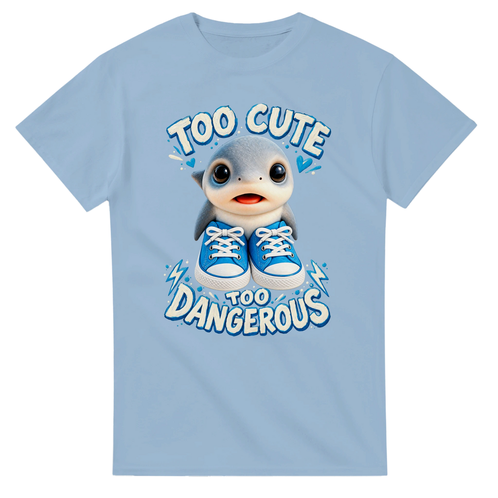 Light Blue t-shirt printed with Los Tralaleritos and the words Too cute, too dangerous, front view