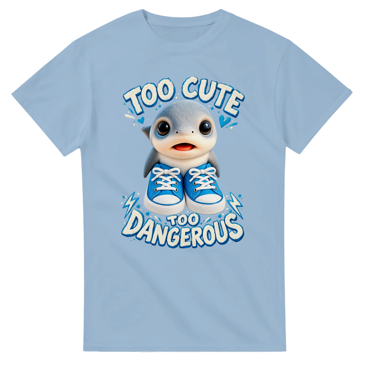 Light Blue t-shirt printed with Los Tralaleritos and the words Too cute, too dangerous, front view