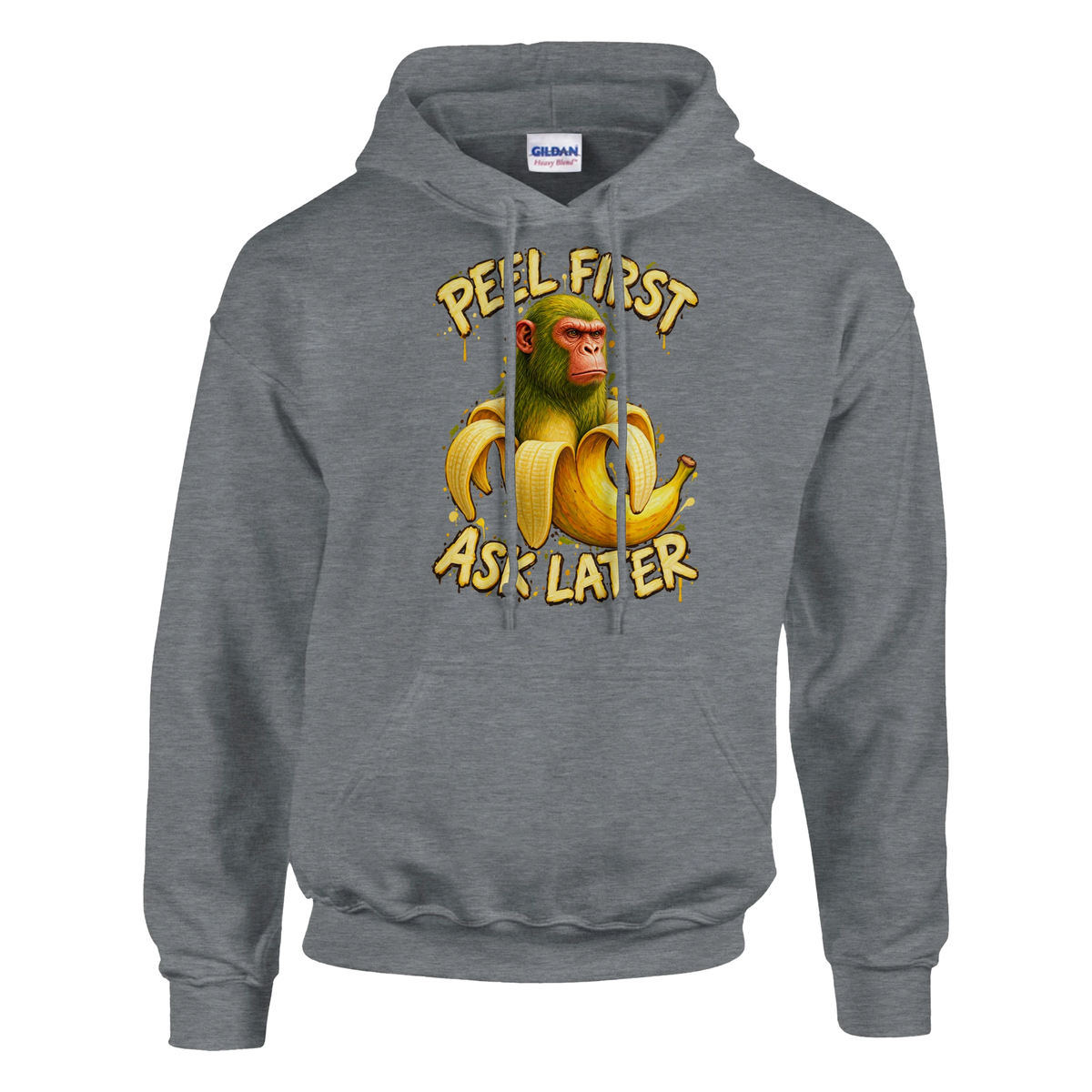 Chimpanzini Bananini print on a sport grey pullover hoodie, front view