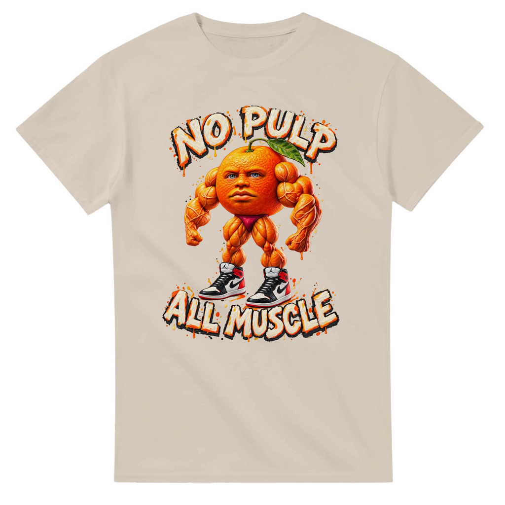 Sand t-shirt printed with Odin Din Din Dun and the words No pulp, all muscle, front view