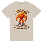 Sand t-shirt printed with Odin Din Din Dun and the words No pulp, all muscle, front view