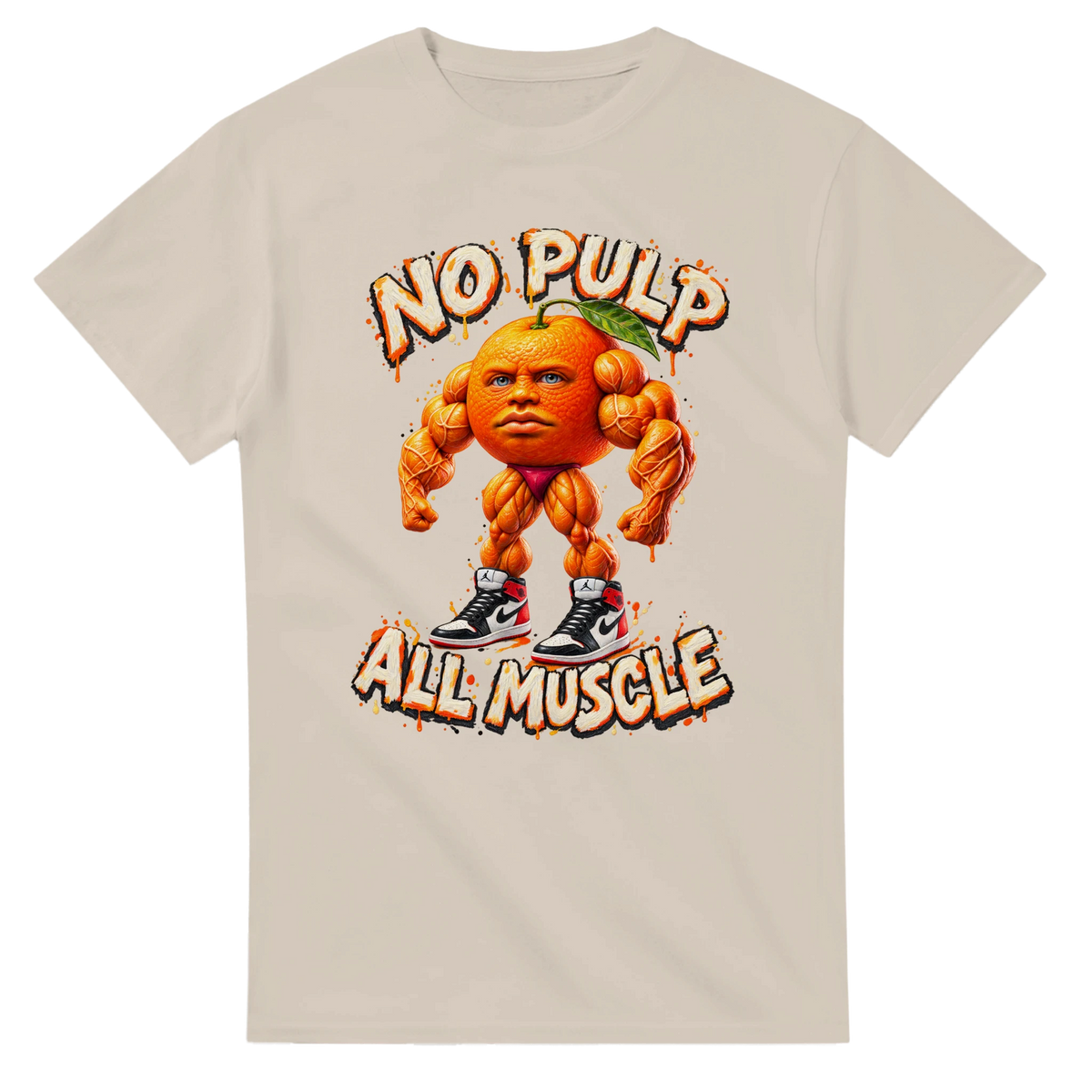 Sand t-shirt printed with Odin Din Din Dun and the words No pulp, all muscle, front view