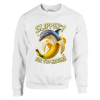 Bananita Dolphinita print on a white crewneck sweatshirt, front view