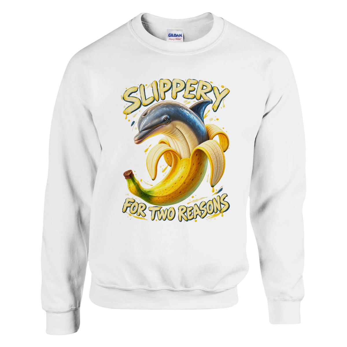 Bananita Dolphinita print on a white crewneck sweatshirt, front view