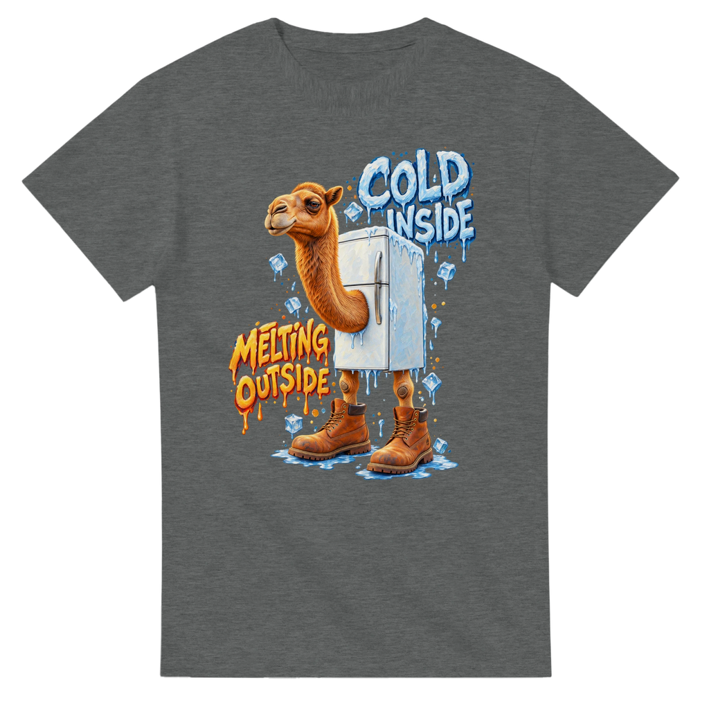 Graphite Heather t-shirt printed with Frigo Camelo and the words Cold inside, melting outside, front view