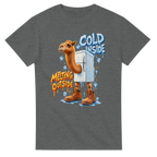 Graphite Heather t-shirt printed with Frigo Camelo and the words Cold inside, melting outside, front view