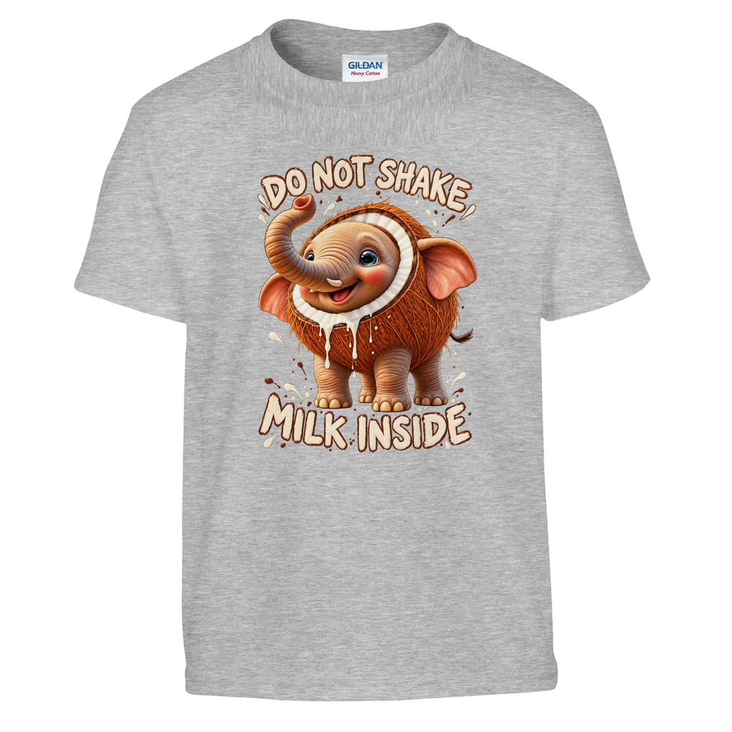 Cocofanto Elefanto print on a sport grey kids t-shirt, front view