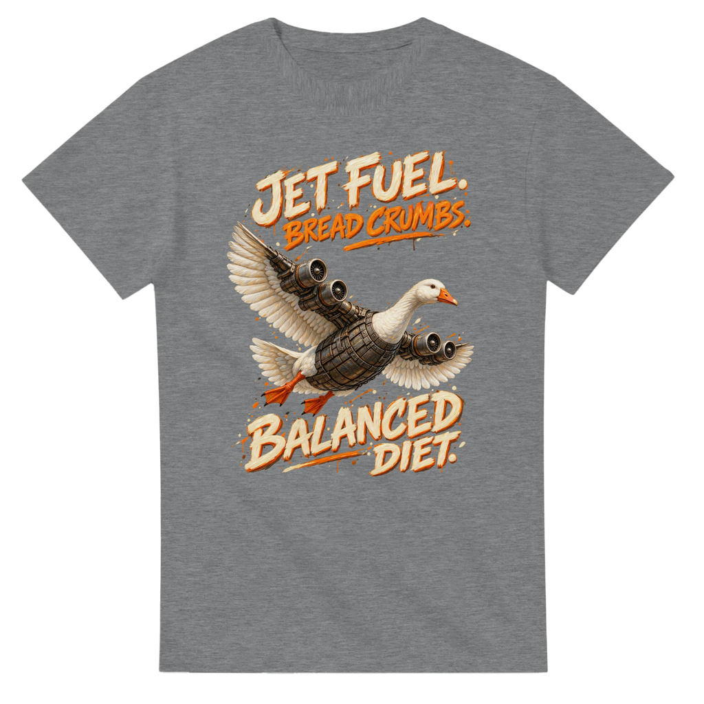 Sport Grey t-shirt printed with Bombombini Gusini and the words Jet fuel, bread crumbs, balanced diet, front view
