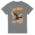Sport Grey t-shirt printed with Bombombini Gusini and the words Jet fuel, bread crumbs, balanced diet, front view