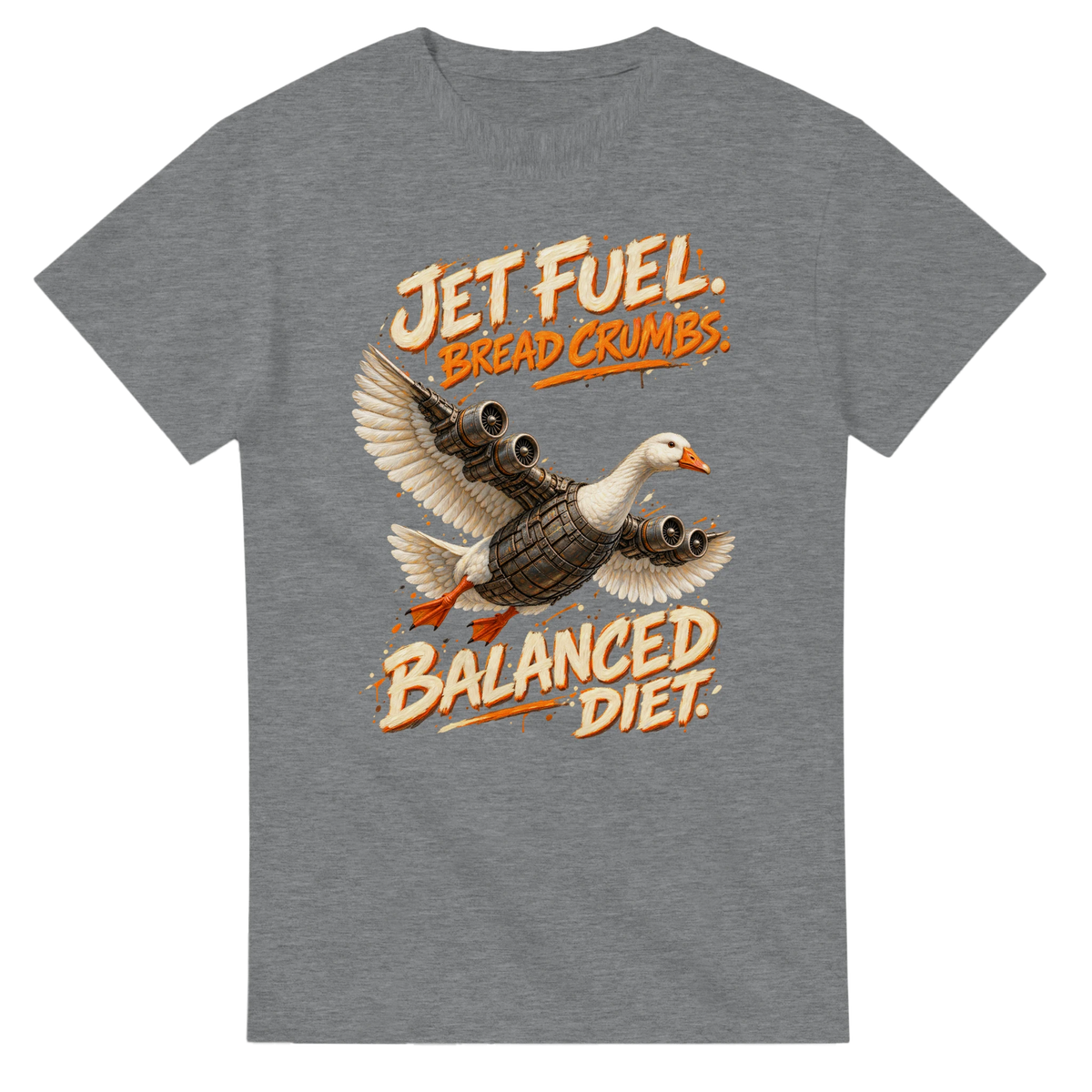 Sport Grey t-shirt printed with Bombombini Gusini and the words Jet fuel, bread crumbs, balanced diet, front view