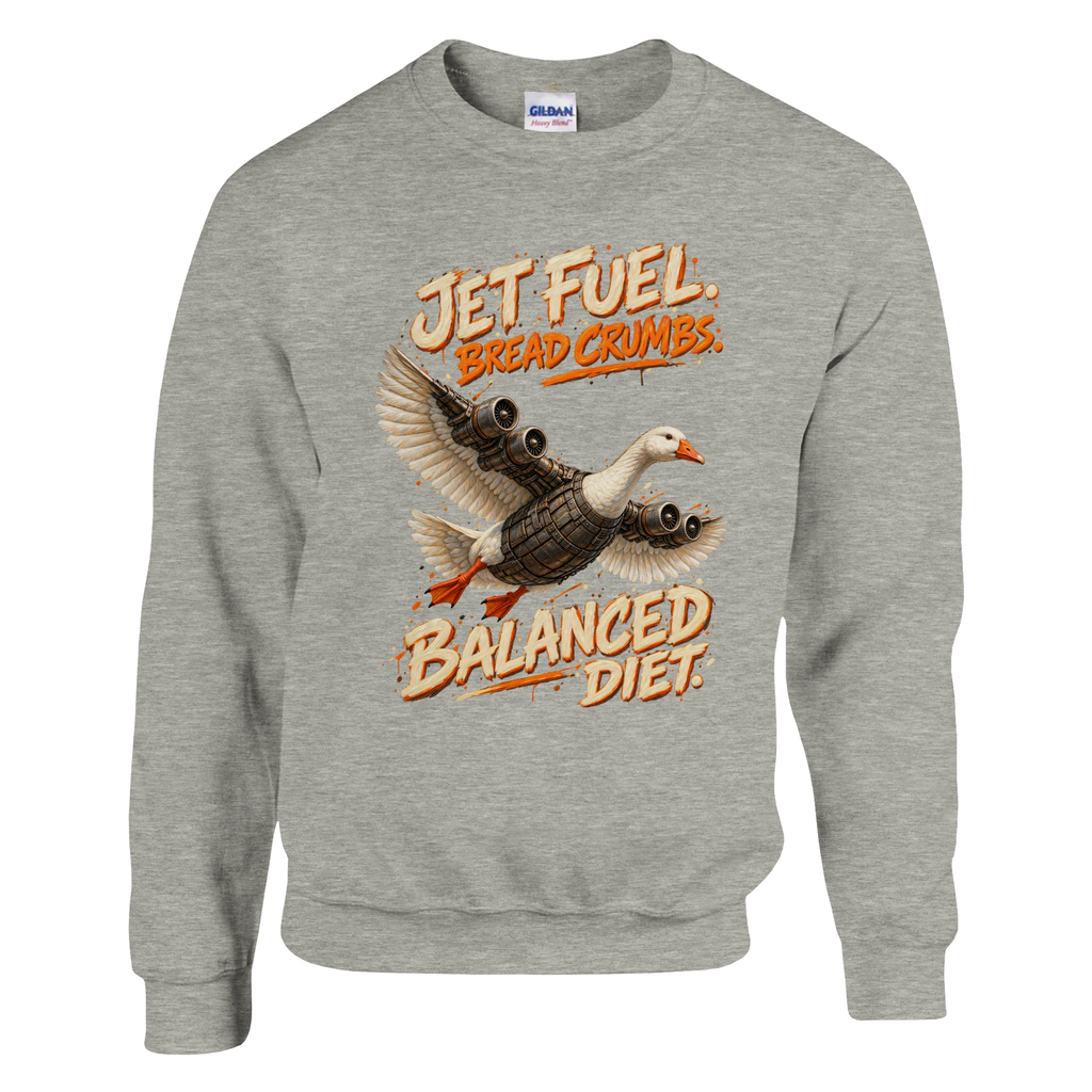 Bombombini Gusini print on an ash grey crewneck sweatshirt, front view