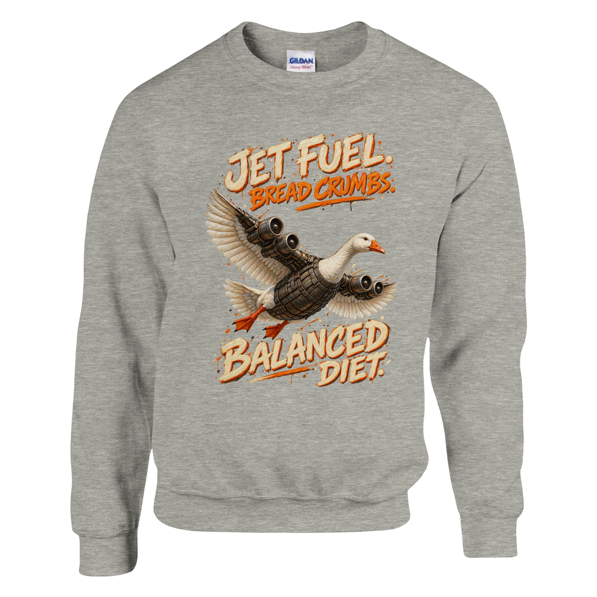 Bombombini Gusini print on an ash grey crewneck sweatshirt, front view