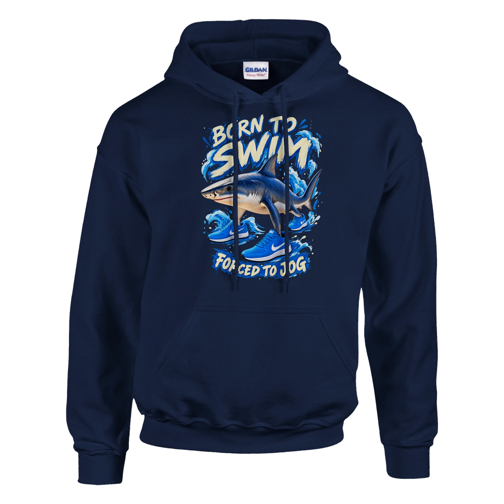 Tralalero Tralala print on a navy pullover hoodie, front view