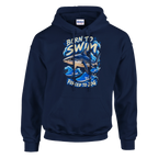 Tralalero Tralala print on a navy pullover hoodie, front view