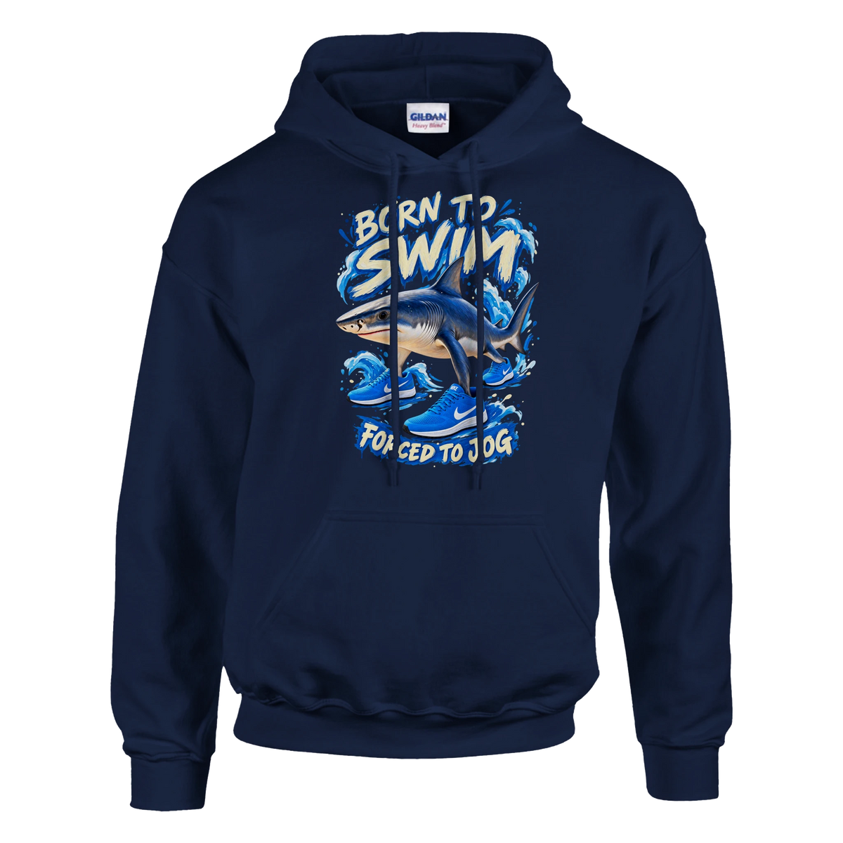 Tralalero Tralala print on a navy pullover hoodie, front view