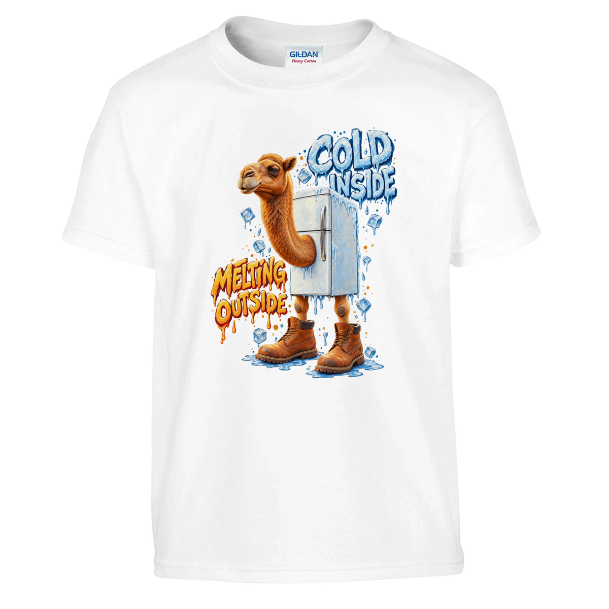 Frigo Camelo print on a white kids t-shirt, front view