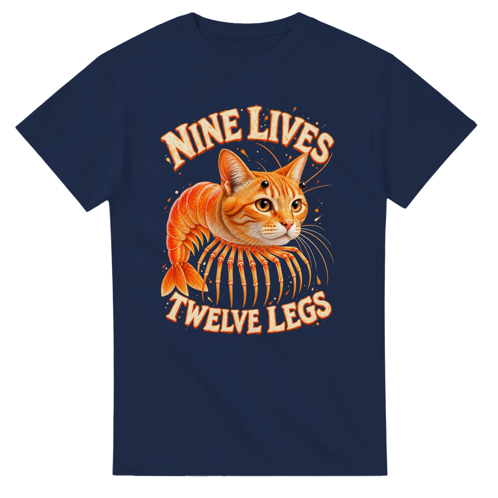 Navy t-shirt printed with Trippi Troppi and the words Nine lives, twelve legs, front view