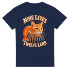 Navy t-shirt printed with Trippi Troppi and the words Nine lives, twelve legs, front view