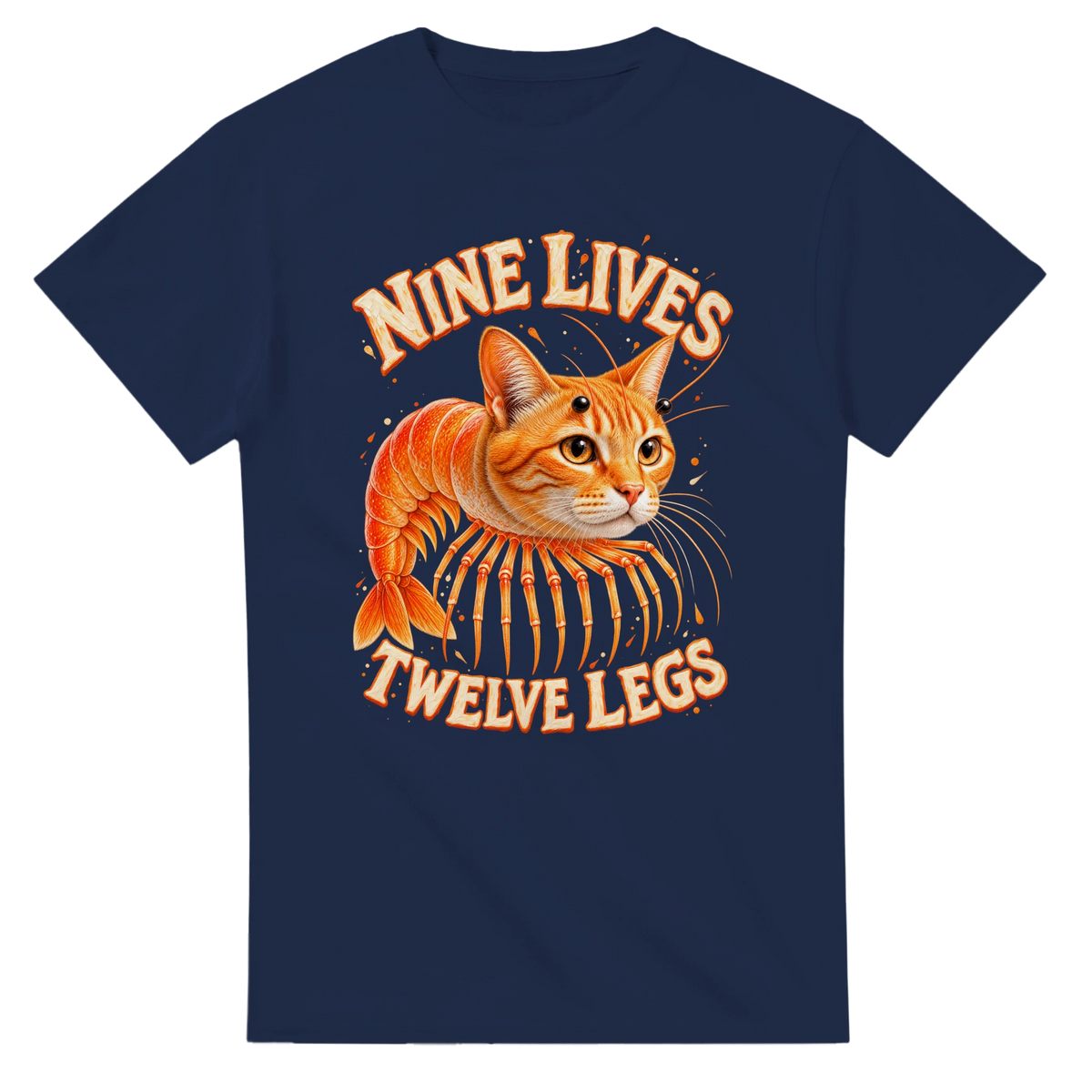 Navy t-shirt printed with Trippi Troppi and the words Nine lives, twelve legs, front view
