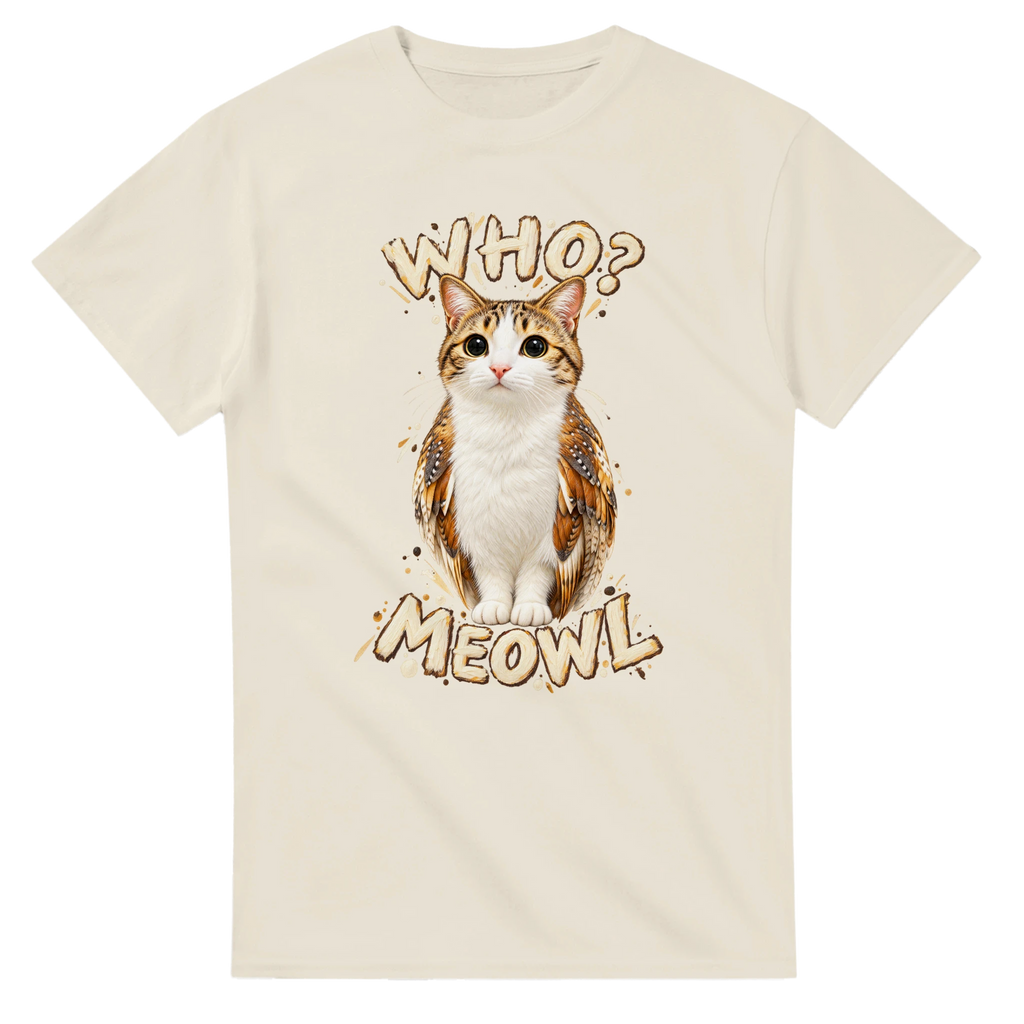 Natural t-shirt printed with Meowl and the words Who? Meowl, front view