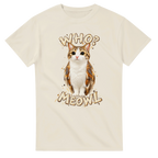 Natural t-shirt printed with Meowl and the words Who? Meowl, front view