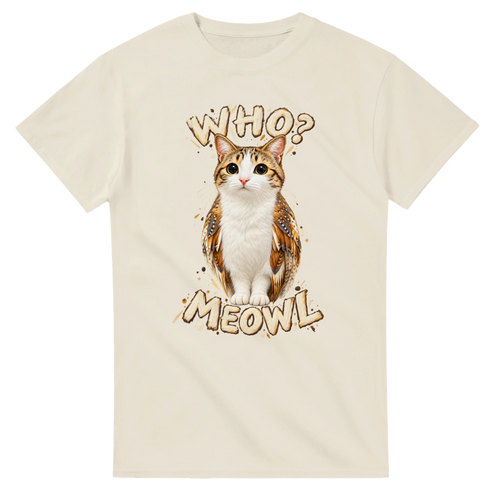 Natural t-shirt printed with Meowl and the words Who? Meowl, front view