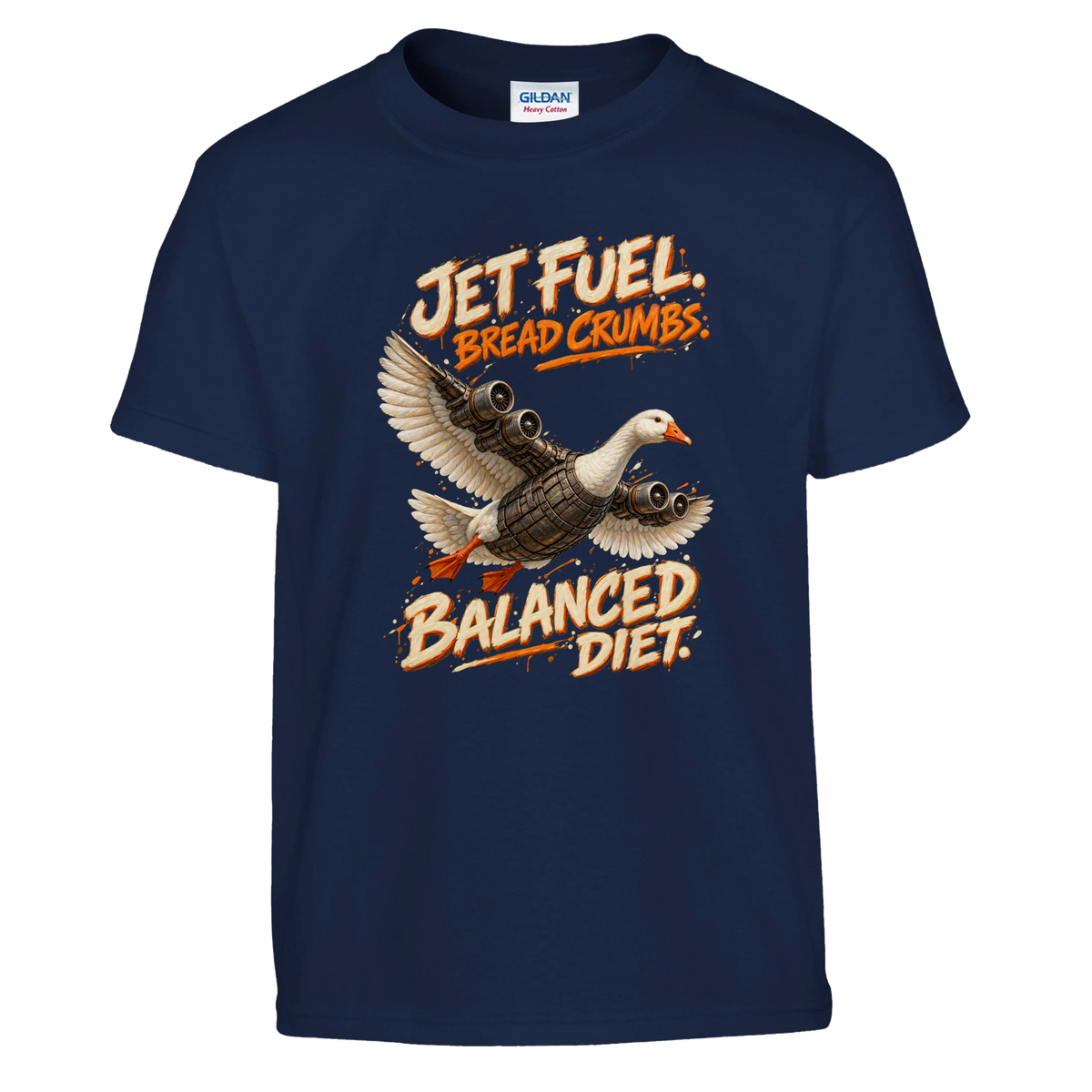 Bombombini Gusini print on a navy kids t-shirt, front view
