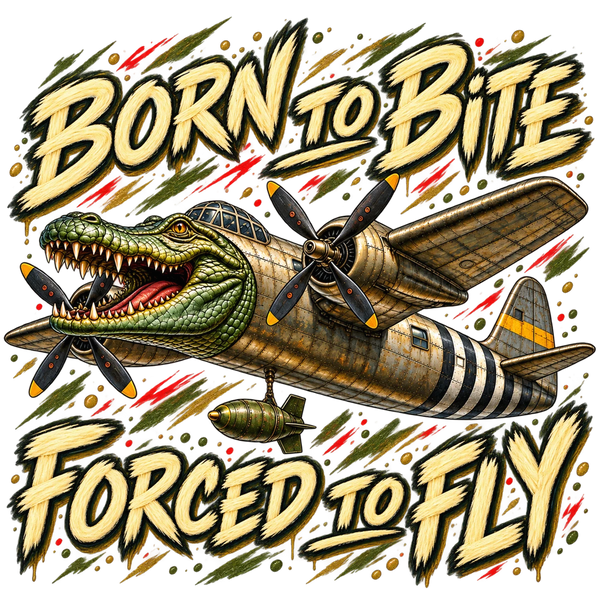 Bombardino Crocodilo, a crocodile head on a wartime bomber plane with turning propellers, with the words Born to bite. Forced to fly.