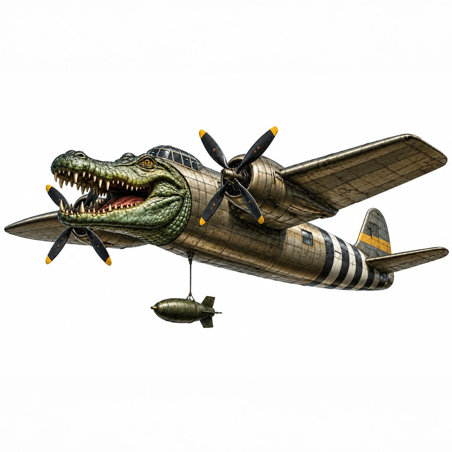 Bombardino Crocodilo character artwork, a crocodile head on a wartime bomber plane with turning propellers