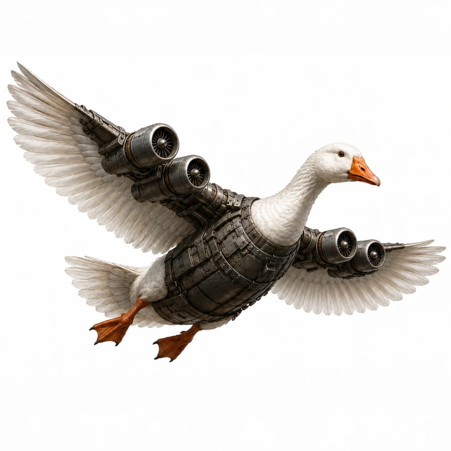 Bombombini Gusini, the brainrot goose with jet engines on its wings in flight
