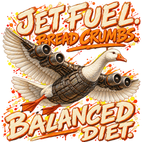 Bombombini Gusini, the brainrot goose with jet engines on its wings in flight, with the words Jet fuel. Bread crumbs. Balanced diet.