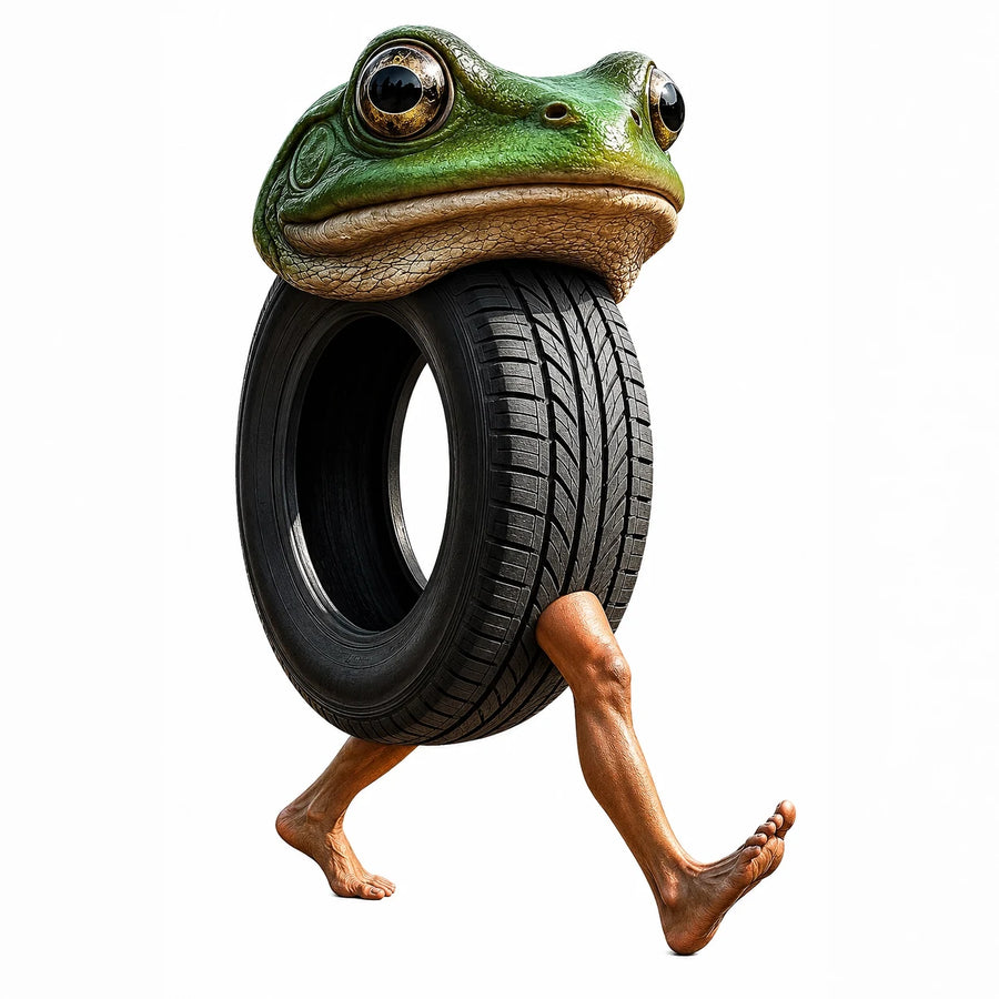 Boneca Ambalabu, the brainrot character with a frog head on a car tyre walking on human legs
