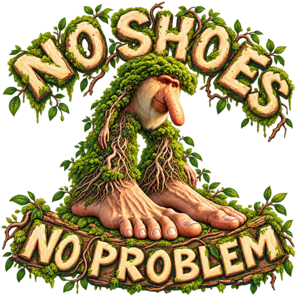 Brr Brr Patapim, a mossy tree creature with a long-nosed monkey face and very large bare feet, with the words No shoes. No problem.
