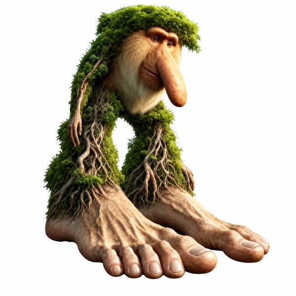 Brr Brr Patapim character artwork, a mossy tree creature with a long-nosed monkey face and very large bare feet