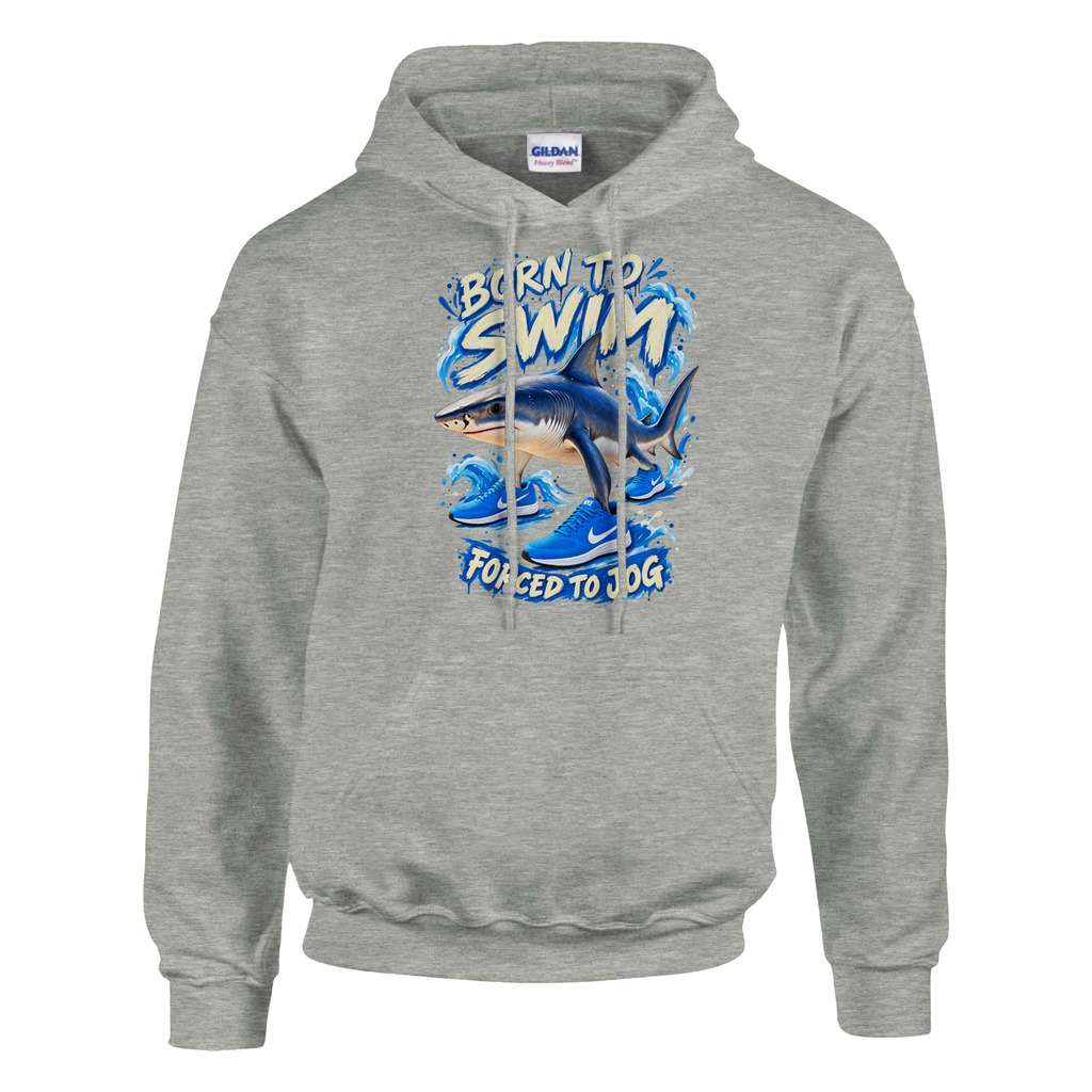Tralalero Tralala print on an ash grey pullover hoodie, front view