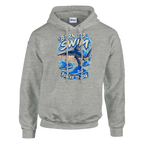 Tralalero Tralala print on an ash grey pullover hoodie, front view