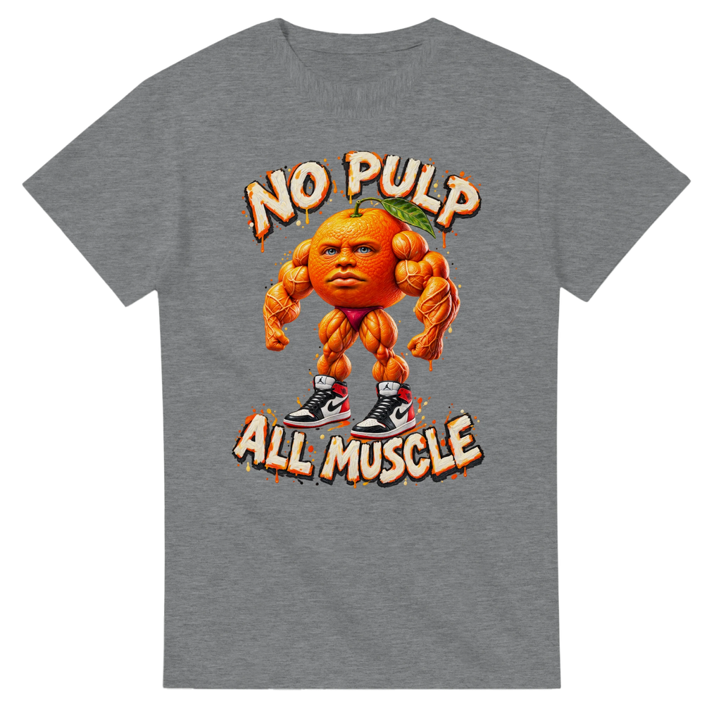 Sport Grey t-shirt printed with Odin Din Din Dun and the words No pulp, all muscle, front view