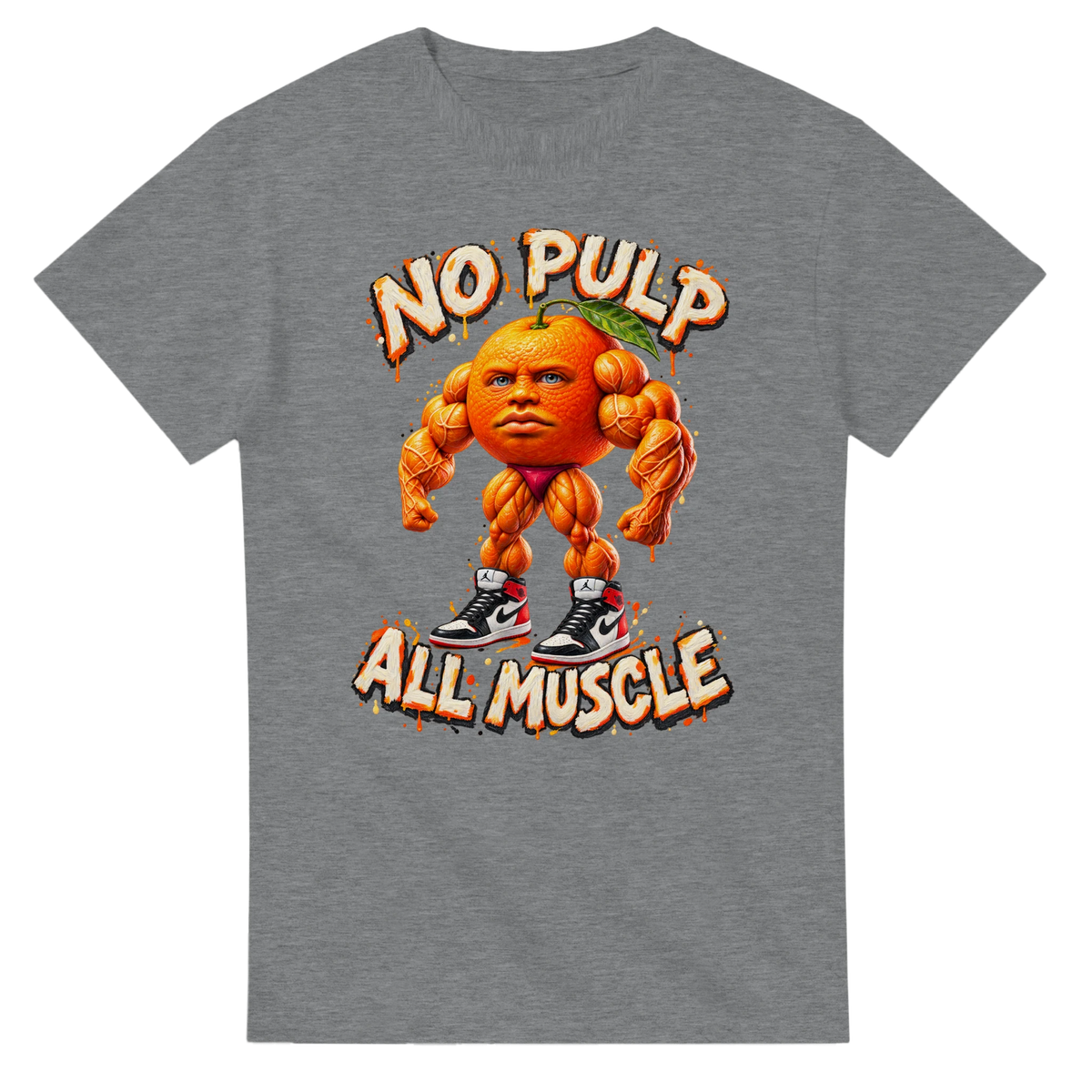 Sport Grey t-shirt printed with Odin Din Din Dun and the words No pulp, all muscle, front view