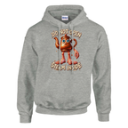 Ta Ta Ta Sahur print on an ash grey pullover hoodie, front view