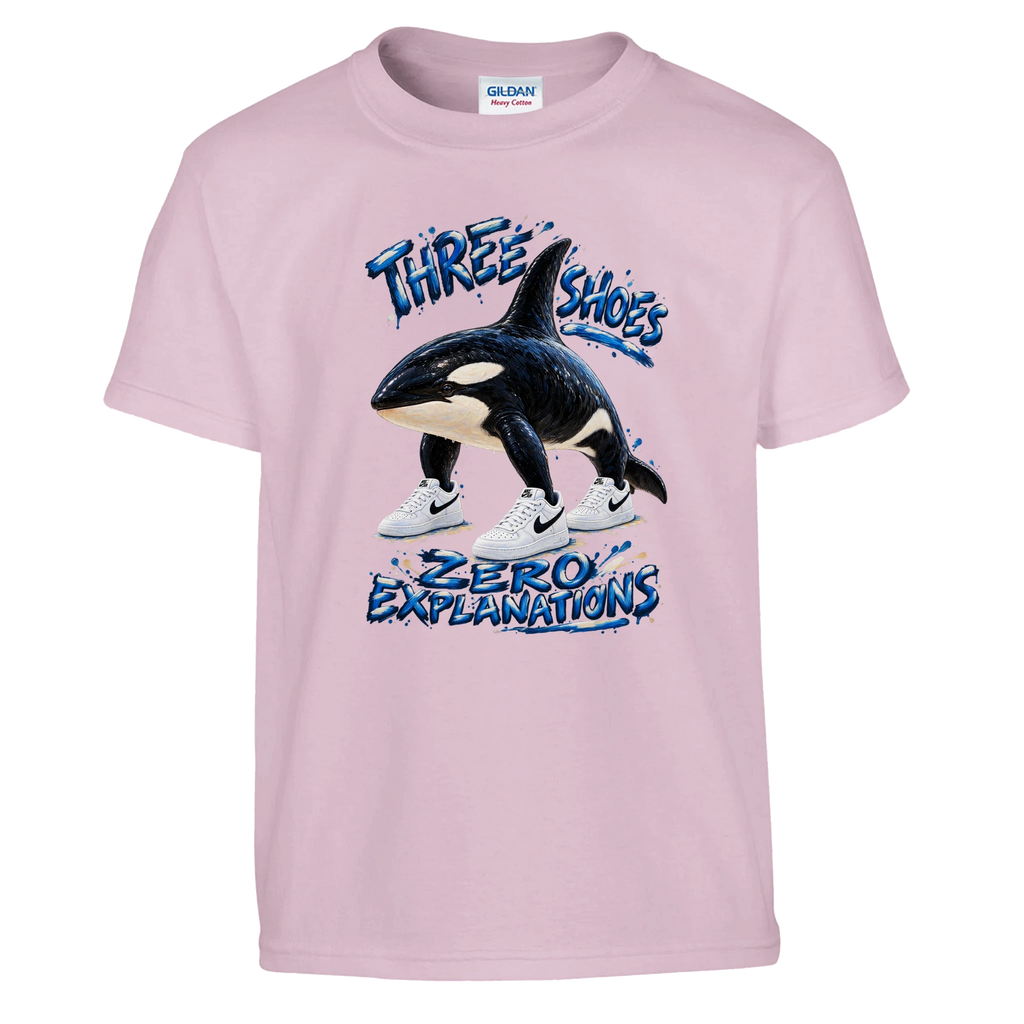 Orcalero Orcala print on a light pink kids t-shirt, front view