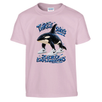 Orcalero Orcala print on a light pink kids t-shirt, front view