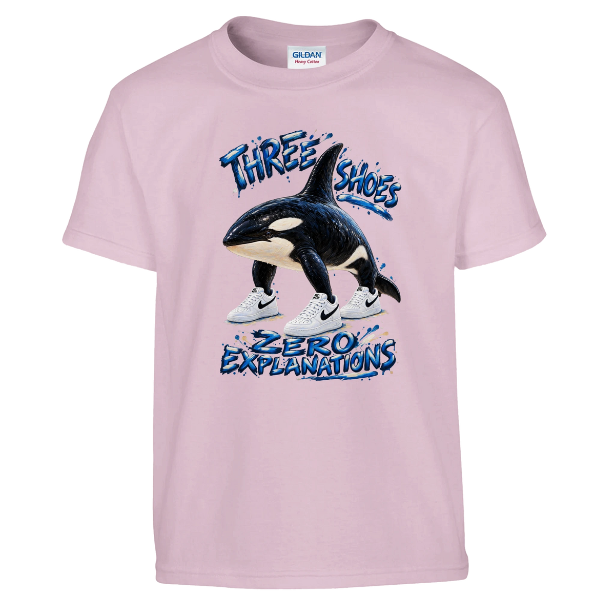 Orcalero Orcala print on a light pink kids t-shirt, front view
