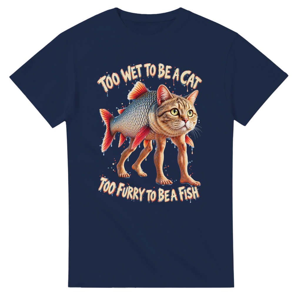 Navy t-shirt printed with Trulimero Trulichina and the words Too wet to be a cat, too furry to be a fish, front view