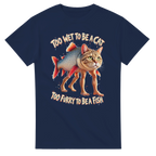 Navy t-shirt printed with Trulimero Trulichina and the words Too wet to be a cat, too furry to be a fish, front view