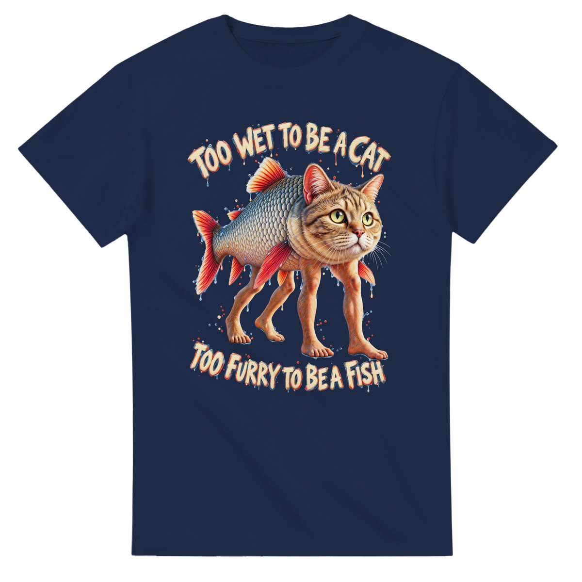 Navy t-shirt printed with Trulimero Trulichina and the words Too wet to be a cat, too furry to be a fish, front view