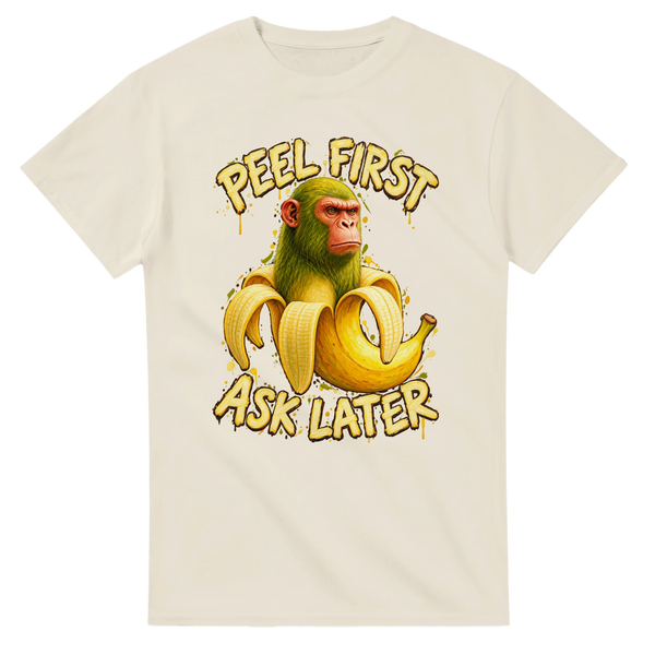 Natural t-shirt printed with Chimpanzini Bananini and the words Peel first, ask later, front view