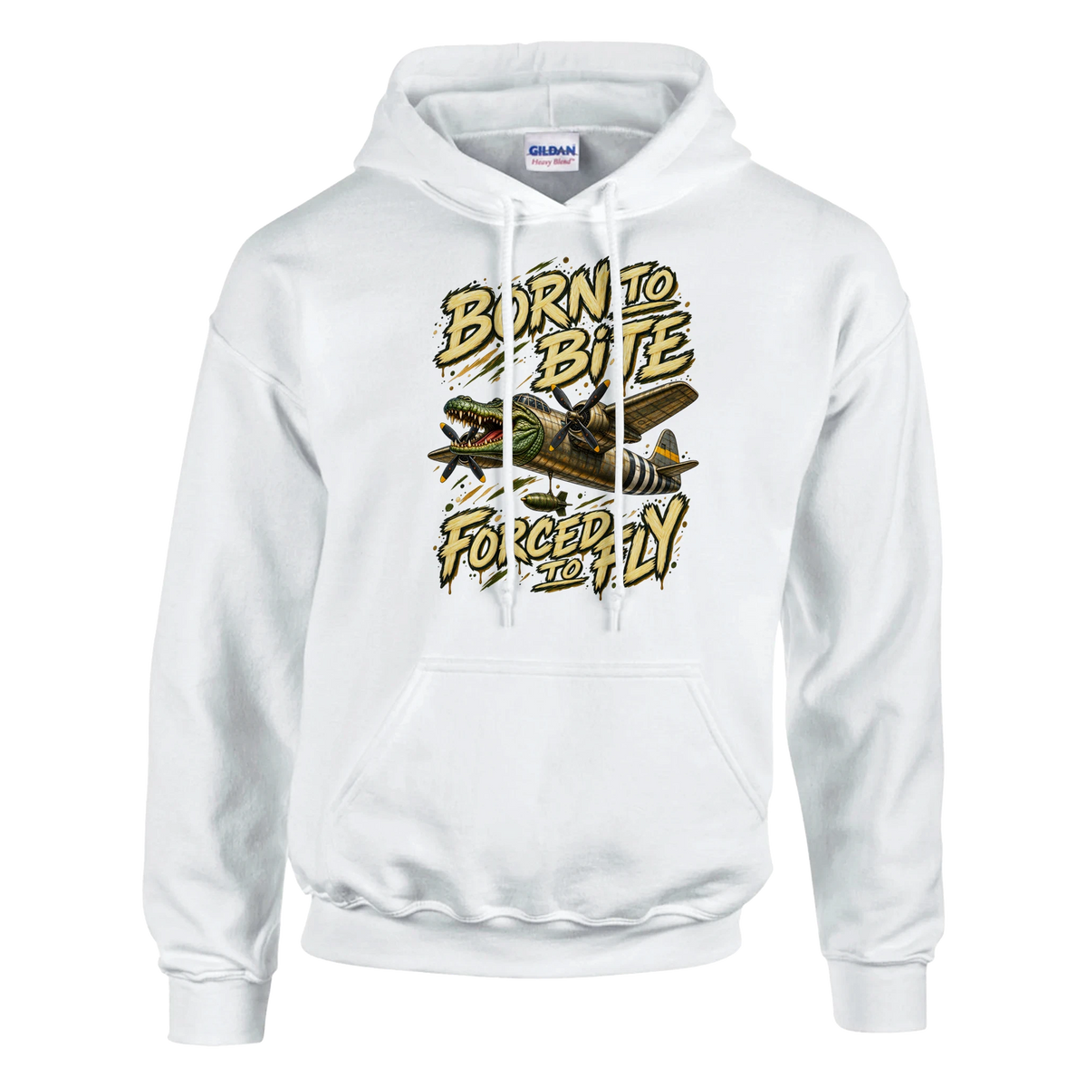 Bombardino Crocodilo print on a white pullover hoodie, front view